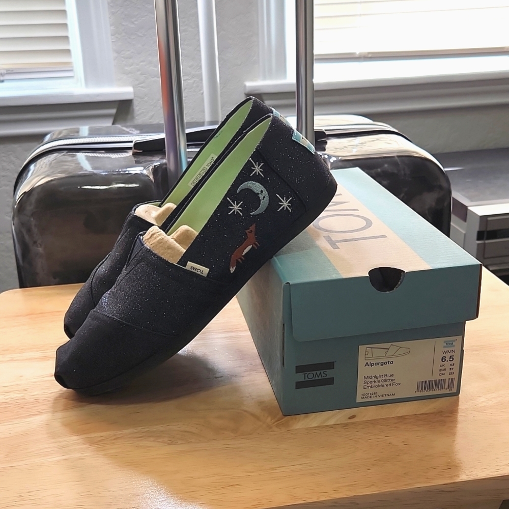 Limited Edition Toms Midnight Blue Sparkle Glitter Embroidered Fox